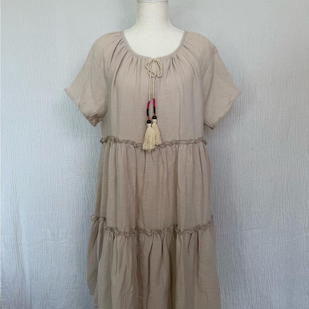 Chic Beige Tiered Midi Dress with Tassel